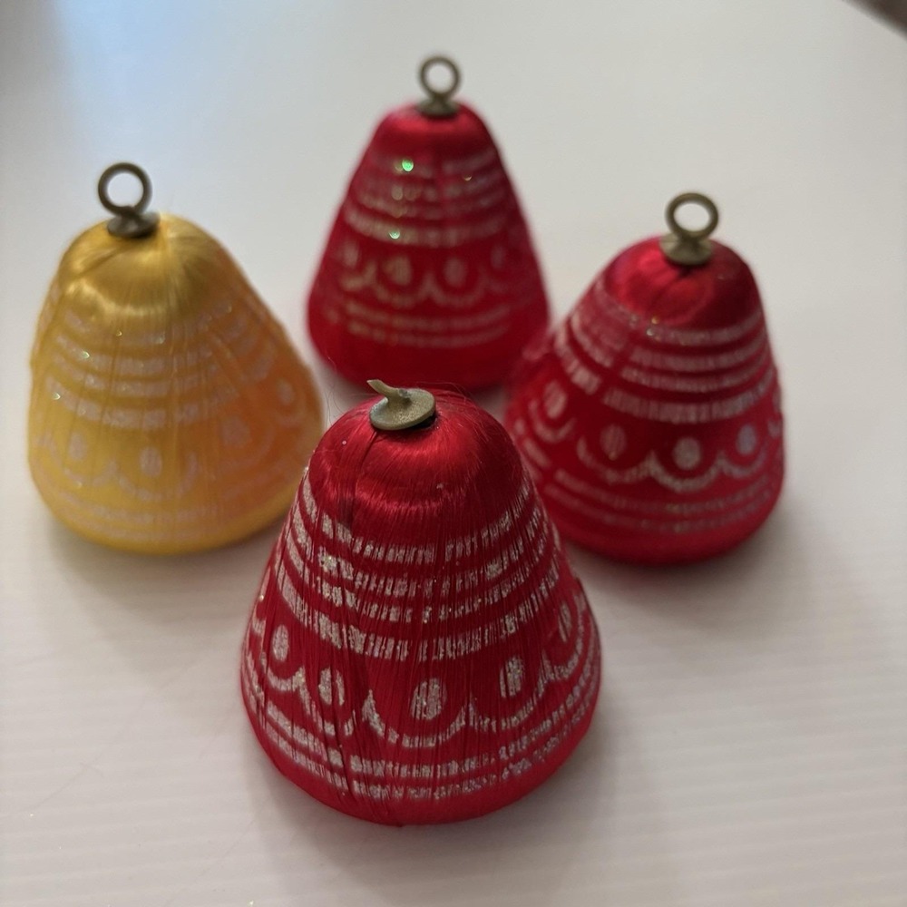 Vintage Satin Thread Christmas Bell Ornaments Set If 4 Retro Kitsch